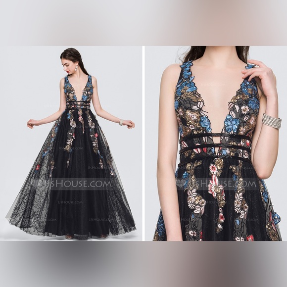 Jj’s House a-line V-neck floor length tulle prom dress with lace beading sequins - Picture 15 of 16